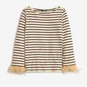 J. Crew Feather-Trim Long Sleeve Knit Shirt In Black/Tan Stripe Size Small